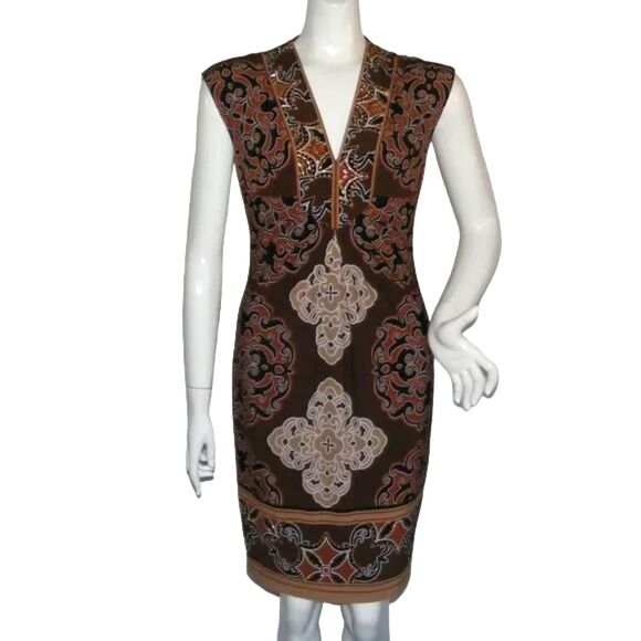 Cache Dresses & Skirts - CACHE Dress, 6, Brown/Tan, Sleeveless, V-neck, Embellished, Back zipper
